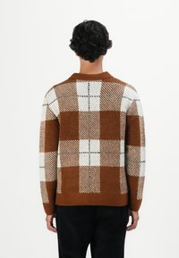 Person mit kurzen lockigen Haaren, der einen braun-weißen karierten Pullover trägt und mit dem Rücken zu einer schlichten weißen Hintergrund steht.