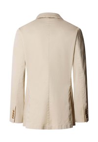 Blazer beige pour homme sur mesure avec col cranté, manches longues, deux poches avant et détails boutons aux poignets, vu de dos.