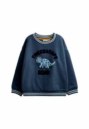 Children's navy blue sweatshirt with striped cuffs and collar, featuring a blue triceratops and the text "Triceratops Roar" on the front.