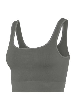 Seamless gray ribbed sports bra with wide straps and a scoop neckline designed for comfort and support.