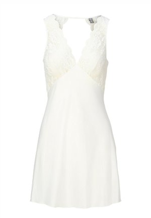 Ärmelloses weißes Kleid mit Spitzen-Deep-V-Ausschnitt und glattem A-Linien-Rock, knielang, entworfen für formelle Anlässe oder Abendveranstaltungen.