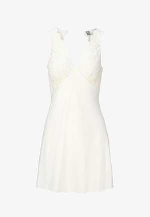 Abito bianco senza maniche con corpetto in pizzo a scollo profondo a V e gonna liscia a linea ad A, lunghezza al ginocchio, progettato per abiti formali o da sera.