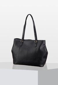Black leather tote bag with a pebbled texture, two long handles, and a front pocket. Features minimalistic design and no visible hardware accents.