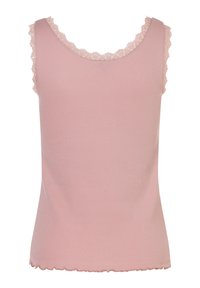 Ärmelloses pinkes Tanktop mit gerippter Textur, das mit Spitzenbesatz entlang des Ausschnitts und der Armausschnitte sowie einem gewellten Saum verziert ist.