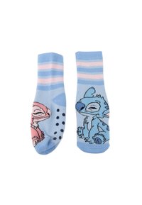 Calzini blu con strisce rosa e blu, decorati con personaggi dei cartoni animati. Puntini in gomma sulla parte inferiore per una migliore aderenza. Materiale in cotone.