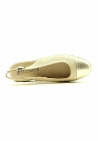 Zapato de slingback de malla beige con una punta redondeada de metal dorado y parte superior texturizada. Presenta una correa trasera estrecha y una plantilla acolchada.