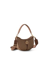 Brown textured leather shoulder bag with a curved shape, gold hardware, and a detachable strap. Features a prominent circular clasp detail.