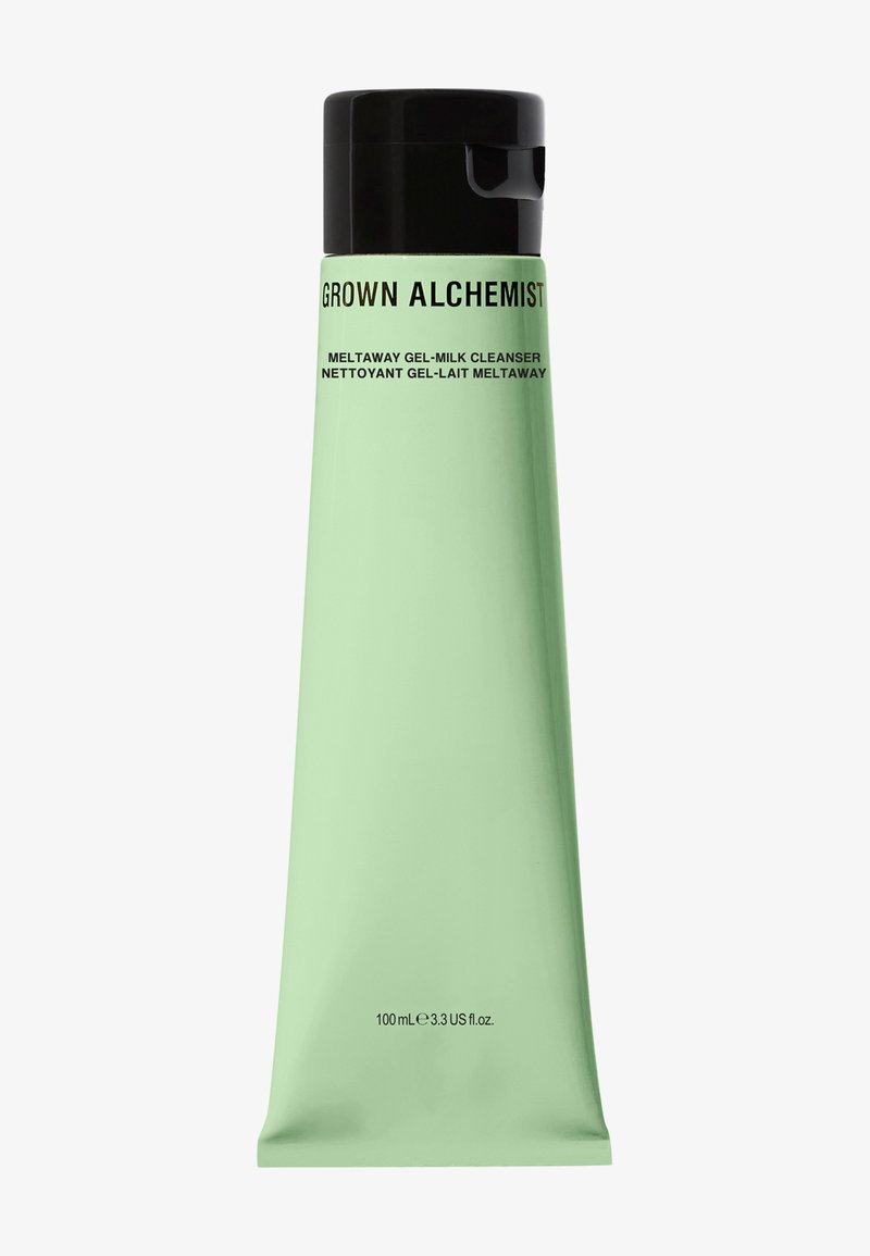 Tubo flessibile verde con tappo nero. Il testo sul frontale recita "GROWN ALCHEMIST MELTAWAY GEL-MILK CLEANSER." Contiene 100 mL.