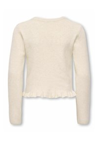 Pull en tricot à manches longues couleur crème avec ourlet à volants, présenté de dos sur un fond blanc.