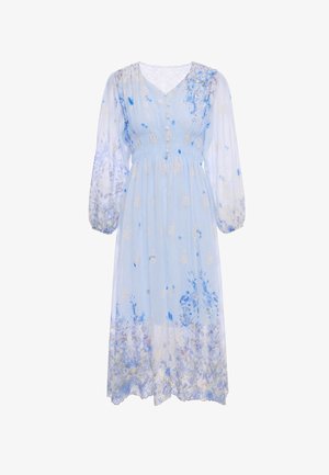 Lyseblå midi-kjole med blomsterprint, lange gennemskinnelige ærmer, knappelukning foran og taljeforlængelse.