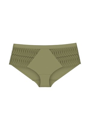 Olivově zelené dámské hipsterské spodní prádlo s hladkým předním panelem a krajkovými bočními panely na bílém pozadí.