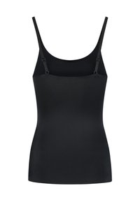 Top de tirantes negros fabricado en tela suave, con tirantes finos ajustables, un escote redondeado y una forma ajustada.