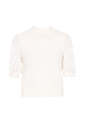 Krátký rukávový top v krémové barvě s žebrovaným stojáčkem. Průsvitné balónové rukávy s květinovým vzorem. Měkký, lehký materiál.