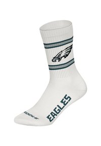 Bílá sportovní ponožka se zelenými a šedými pruhy, na boku je logo orla a na špičce nápis "EAGLES".