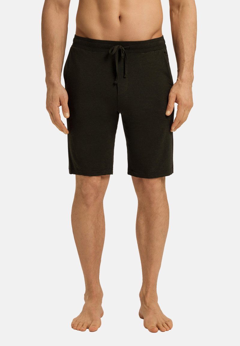 Mannen shorts in donkergroen olijfgroen van zachte stof, met een elastische tailleband en een trekkoord, en een relaxte pasvorm.