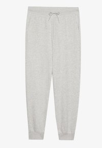 Light gray sweatpants made of soft cotton blend fabric. Features an elastic waistband with drawstring, side pockets, and ribbed cuffs.