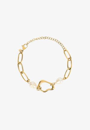 Goldener Link-Armband mit zwei weißen Perlen und einem herzförmigen Akzent. Geflochtenes Kettenmuster mit einem Karabinerverschluss.