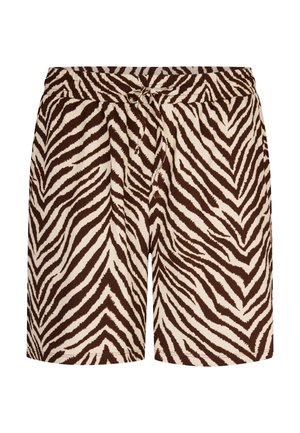 Bruine en beige zebra print shorts met een elastische tailleband en een koordsluiting aan de voorkant.
