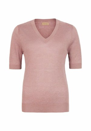 Kortärmad V-ringad tröja i mjuk rosa, tillverkad av slät tyg med en ren finish. Har ribbad kant vid halsringningen och fållen.