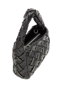 Black woven leather handbag with an arch handle, zip closure, and a textured surface featuring a grid pattern.