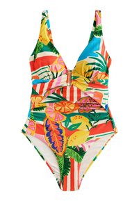 Én-dels badeshorts med farverigt tropisk print, der fremhæver store blade og frugter, struktureret v-hals og en tvist detalje i taljen.