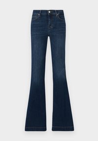 Dark blue flared jeans made of denim. High waist design, with five pockets and contrast stitching along the seams. Smooth texture, classic fit.