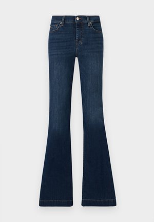 Dark blue flared jeans made of denim. High waist design, with five pockets and contrast stitching along the seams. Smooth texture, classic fit.