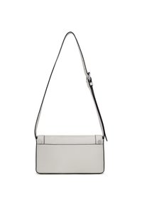 Borsa a spalla bianca in pelle con forma rettangolare, bordi neri e tracolla regolabile. Presenta una texture liscia e un design semplice.