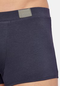 Boxer aderenti blu navy realizzati in morbido tessuto, con una cintura grigia dotata di etichetta con logo. Texture liscia e design aerodinamico.