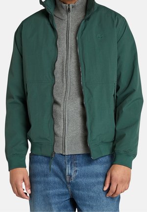 Mand iført en grøn lynlåstrøje over en grå lynlåspullover kombineret med blå jeans, stående mod en ensfarvet baggrund.