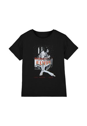 Black T-shirt with graphic of Elvis Presley singing and dancing in a white jumpsuit, with "International Las Vegas 1970" text.