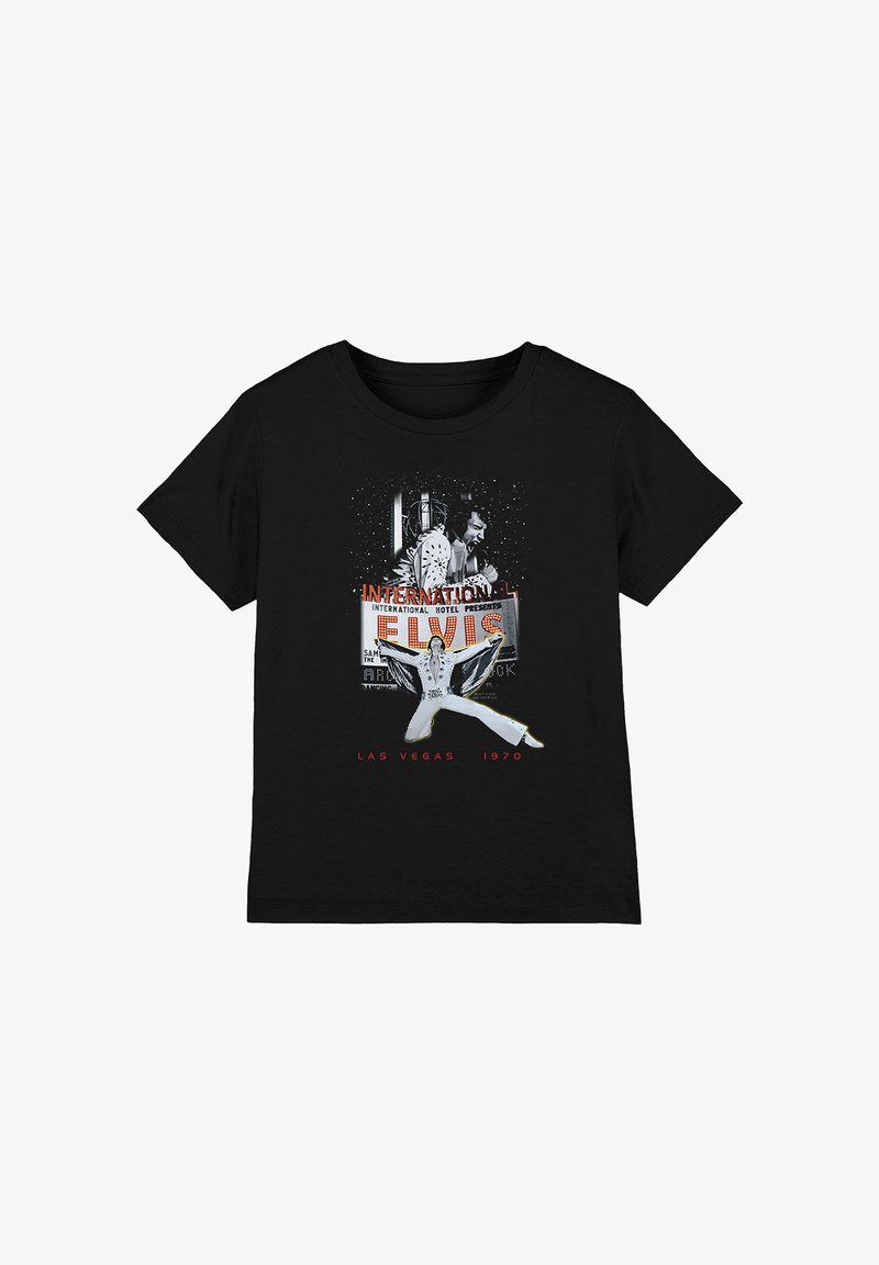 Schwarzes T-Shirt mit einer Grafik von Elvis Presley, der in einem weißen Jumpsuit singt und tanzt, mit dem Text "International Las Vegas 1970".