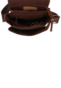 Brown leather crossbody bag open to show multiple compartments, including a zippered pocket and pen holders inside.