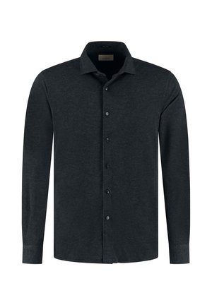 Langärmliges Hemd mit Knopfverschluss aus dunkelgrauem Stoff. Verfügt über einen klassischen Kragen, eine vordere Knopfleiste und eine schlichte Textur.