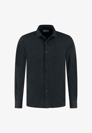 Tamsiai pilkos medžiagos marškiniai ilgomis rankovėmis su mygtukais. Savybės: klasikinis atvartas, priekinė mygtukų juosta ir paprastas tekstūros raštas.