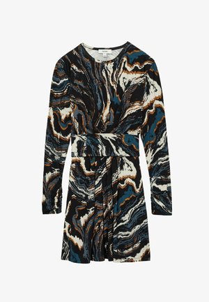 Langärmliges Kleid mit einem abstrakten Marmor-Muster in Schwarz, Creme, Blau und Rost. Ausgestellter Rock mit tailliertem Schnitt. Weicher Stoff.