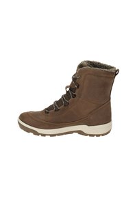 Braune Lederknöchelstiefel mit Gummisohle, einem mit Fell gefütterten Kragen und grauen Schnürsenkeln, mit runder Zehenform und gesteppten Akzenten.