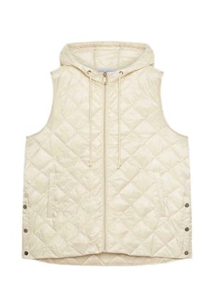 Cremefarvet quiltet vest uden ærmer med lynlås foran, hætte med snore, sidelommer og trykknapper på siderne af kanten.