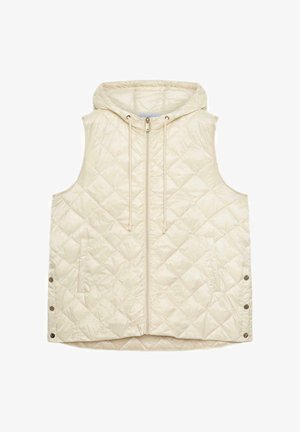 Kermanvalkoinen tikattu liivi, jossa on edessä vetoketju, huppu kiristysnauhoilla, sivutaskut ja painonapit helmassa sivuilla.