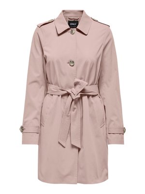 Trench leggero rosa chiaro con vita cinturata, chiusura frontale con bottoni, spalline e bottoni ai polsini. Realizzato in tessuto liscio e resistente.