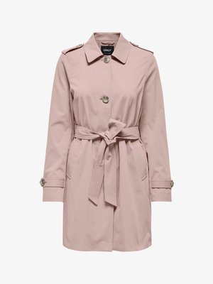 Lichtroze trenchcoat met een ceintuur in de taille, knoopsluiting aan de voorkant, schouderepauletten en manchetknoopjes. Gemaakt van glad, stevig materiaal.