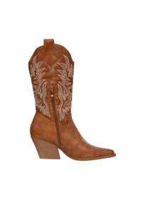 Bota vaquera de cuero marrón con patrones florales bordados, puntera afilada, detalle de cremallera y diseño de tacón apilado.