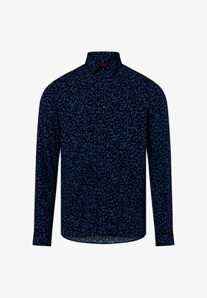 Langarmhemd in Marineblau mit einem schwarzen abstrakten Muster. Mit knopfigem Vorderteil und klassischem Kragen. Glatte Stofftextur.