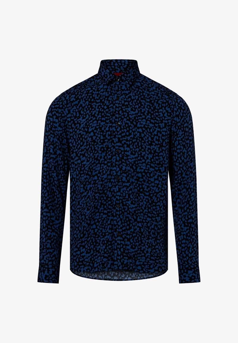 Langarmshirt in marineblauw met een zwart abstract patroon. Voorzien van een knoopsluiting aan de voorkant en een klassieke kraag. Glad stoffen textuur.