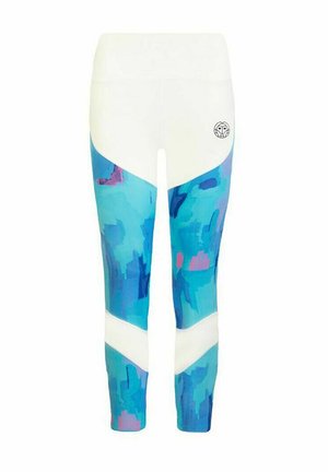 Leggings met een blauw abstract patroon en witte accenten. Gemaakt van zacht, rekbaar materiaal. Heeft een hoge taille en een logo-detail.