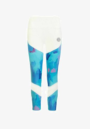 Leggings con un patrón abstracto azul y acentos blancos. Fabricados con un material suave y elástico. Cuentan con una cintura alta y un detalle de logo.