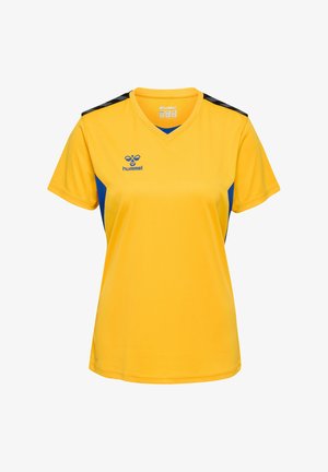 Gul sportsjersey lavet af åndbart materiale, med V-udskæring, blå sidelapper og sorte detaljer på skuldrene.