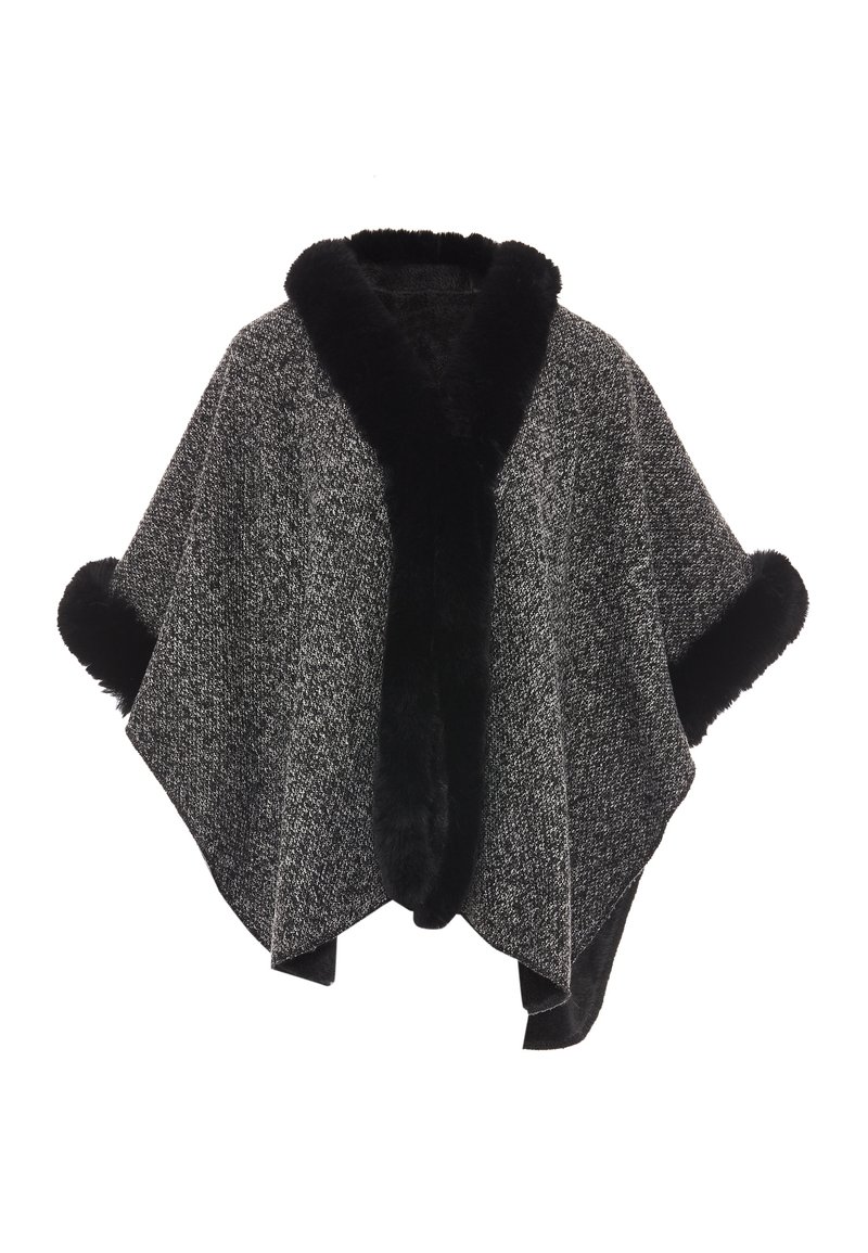 Poncho realizzato in tessuto grigio intrecciato, con collare e bordatura in pelliccia sintetica nera, dotato di un'apertura frontale e maniche ampie.