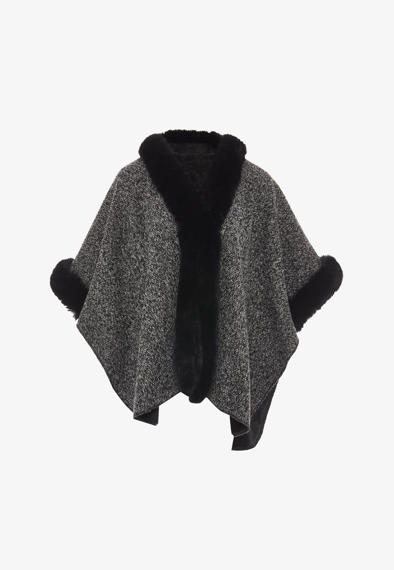 Pončo vyrobené z šedé tkaniny s černým kožíškem na límci a na okraje, s otevřeným předním dílem a širokými rukávy.