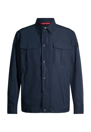 Marineblauer, leichter Herrenjacke mit Druckknöpfen, zwei Brustklappentaschen und einem klassischen Kragen.